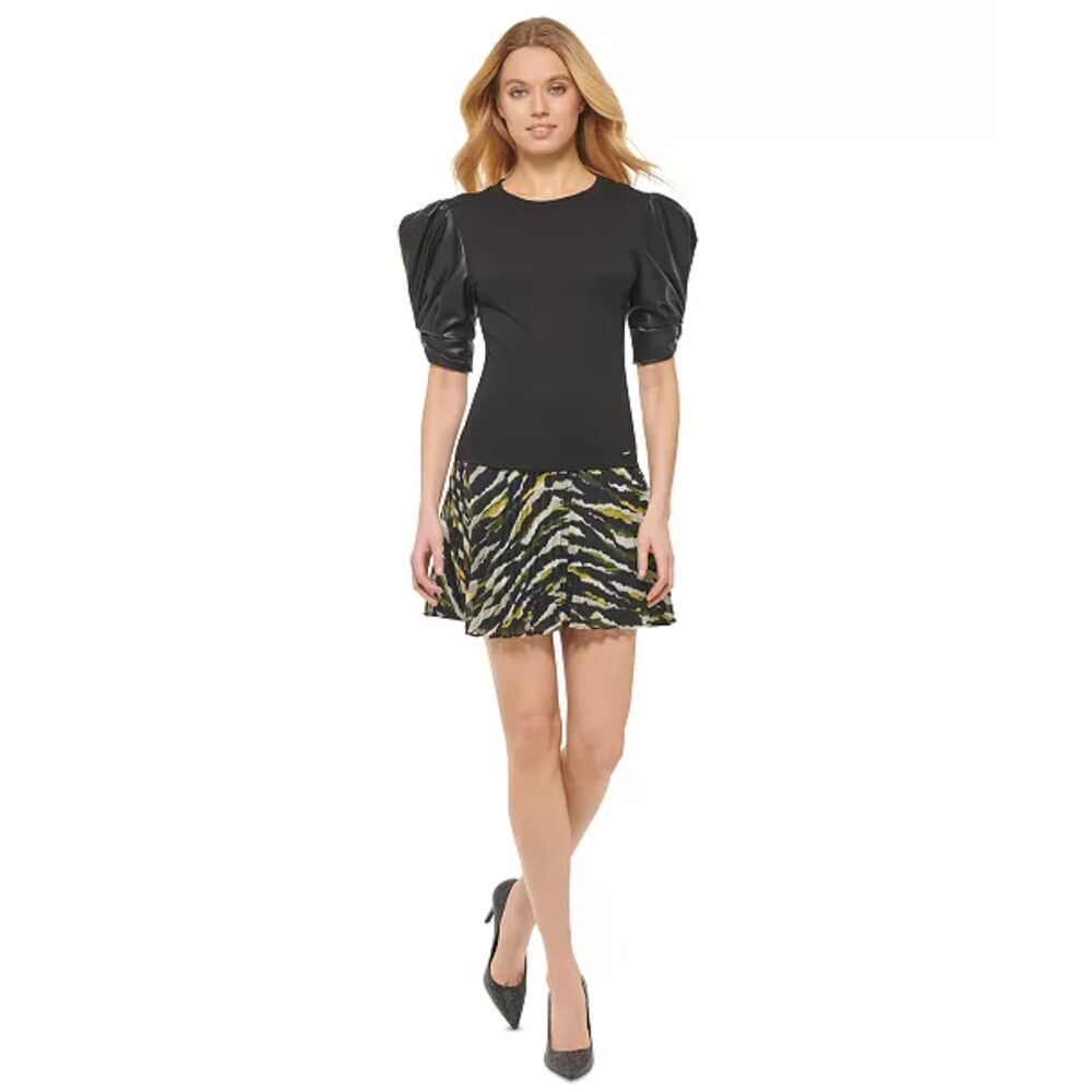 NWT DKNY Women's Faux-Leather Puffed-Sleeve Top XL - Picture 2 of 4